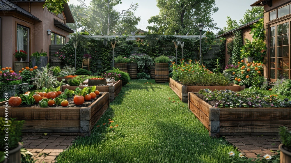 A grass lawn with a charming vegetable garden and rustic wooden raised beds. A grass lawn with a charming vegetable garden and rustic wooden raised beds.