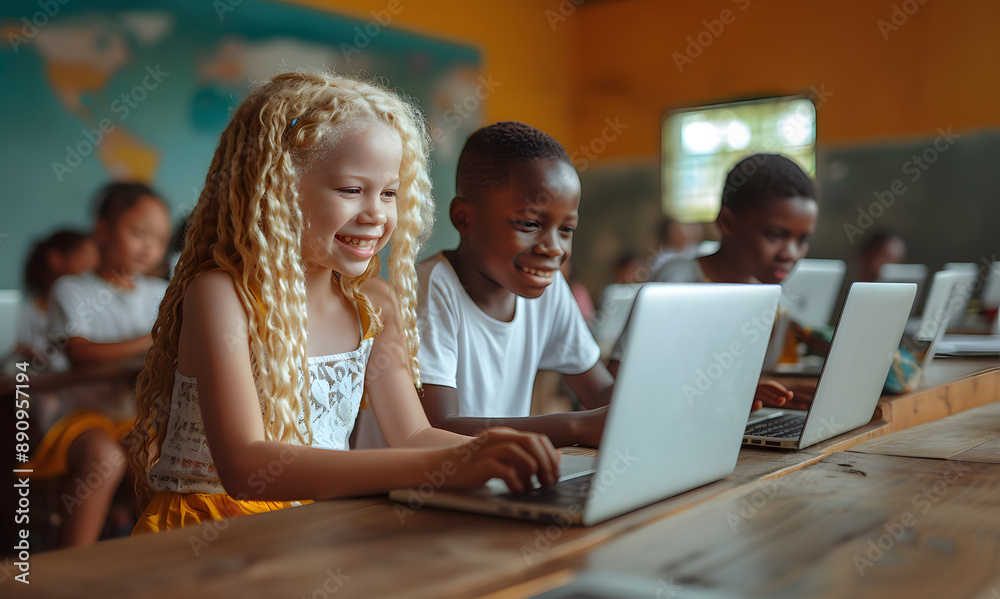 A group of children are sitting at a table with laptops open in front of them in a classroom A group of children are sitting at a table with laptops open in front of them in a classroom