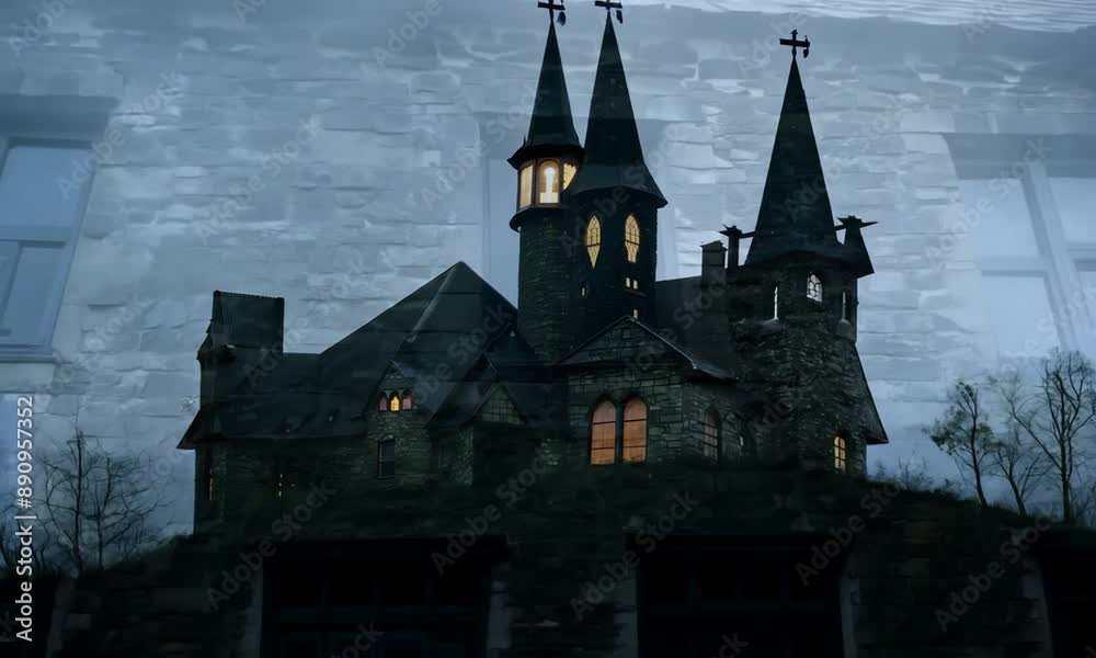 A creepy old house with a steeple and a cross on top. The house is surrounded by trees and is on a hill. The sky is dark and cloudy, giving the scene a spooky and eerie atmosphere 4K Video A creepy old house with a steeple and a cross on top. The house is surrounded by trees and is on a hill. The sky is dark and cloudy, giving the scene a spooky and eerie atmosphere 4K Video