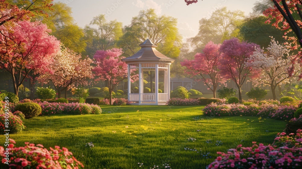 Obraz premium A serene grass lawn with a picturesque gazebo surrounded by blooming flowers.