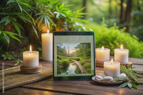Soothing digital guide on a tablet displays calming nature scenes and gentle text, surrounded by candles and lush greenery, promoting relaxation and inner peace. photo