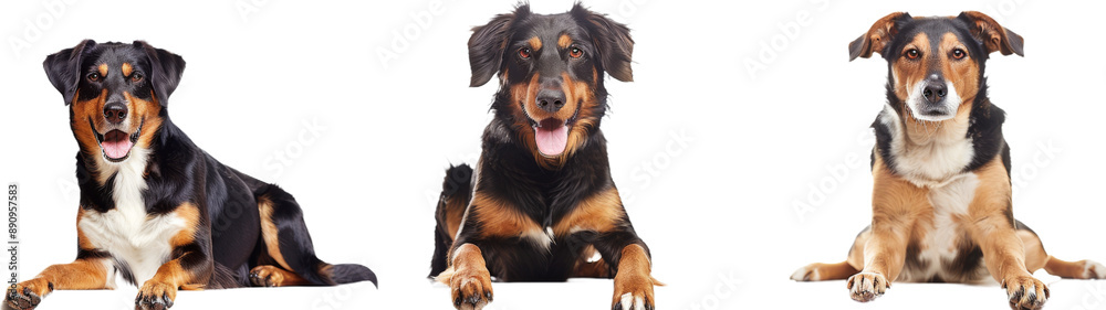 Three Smiling Black And Tan Dogs Laying Down In A Row Three Smiling Black And Tan Dogs Laying Down In A Row