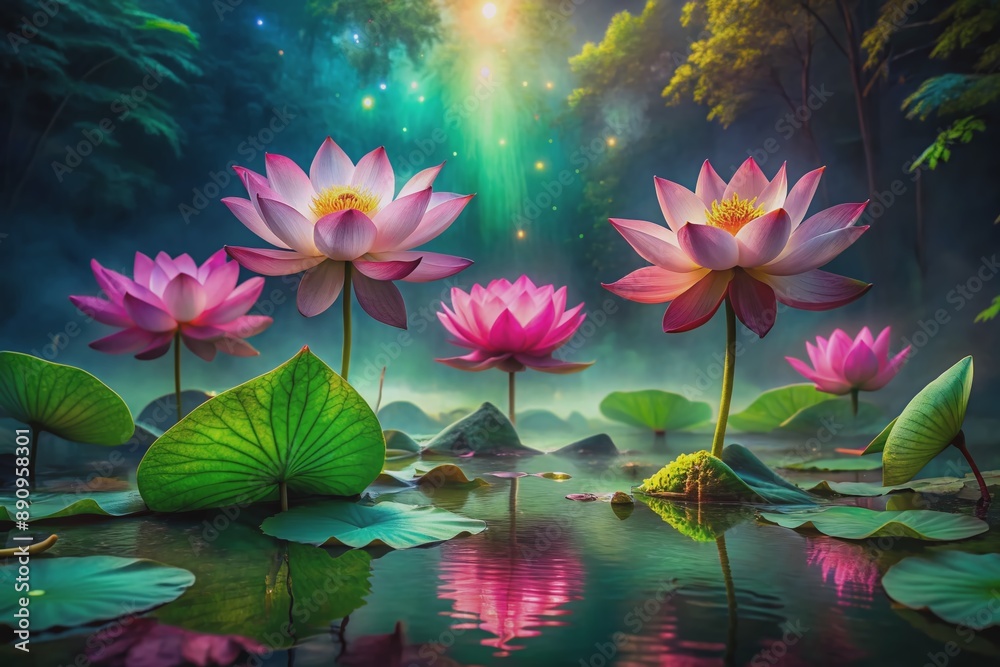 Vibrant pink and green neon lotus flowers bloom in dark mysterious water, surrounded by lush greenery and reflected light, creating a surreal underwater scene. Vibrant pink and green neon lotus flowers bloom in dark mysterious water, surrounded by lush greenery and reflected light, creating a surreal underwater scene.