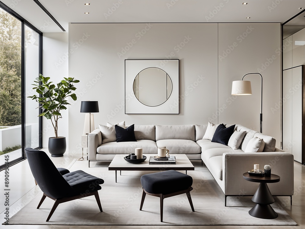 Fototapeta premium Bright modern living room with large windows