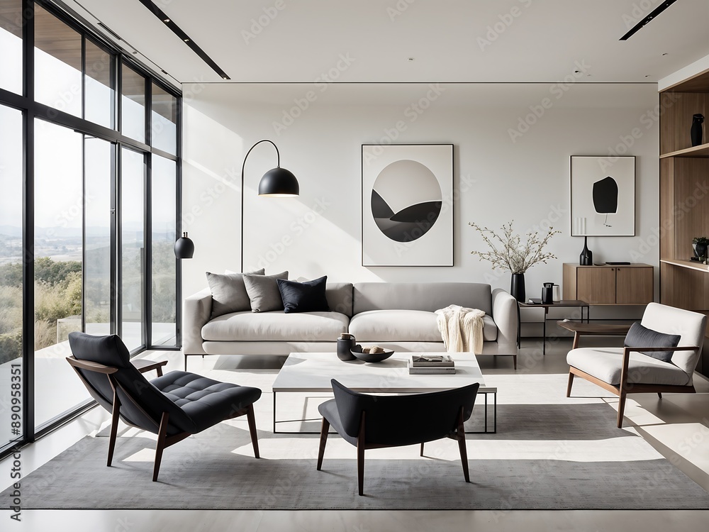 Fototapeta premium Bright modern living room with large windows