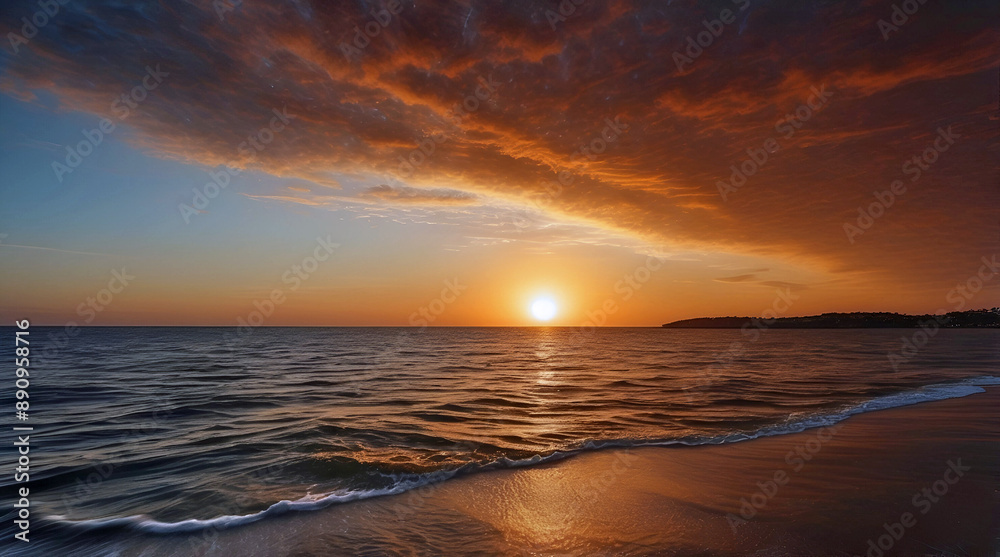 Obraz premium Amazing Golden Hour Sunset Over Calm Sea Red Sky