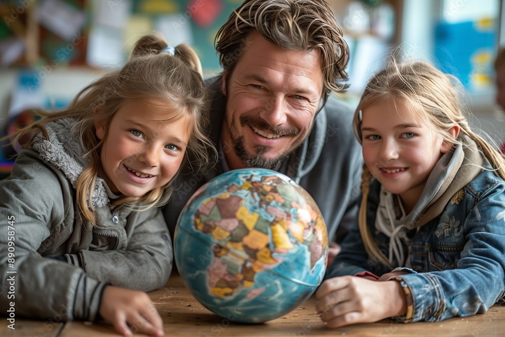 Father and Daughters Learning About Geography With Globe in Classroom Father and Daughters Learning About Geography With Globe in Classroom