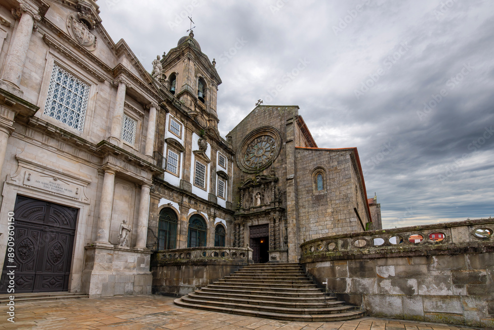 The entrance stairs, facade and stained glass Rose Window of the Gothic and Baroque Church of São Francisco, or Saint Francis, The entrance stairs, facade and stained glass Rose Window of the Gothic and Baroque Church of São Francisco, or Saint Francis,