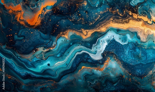 Vibrant acrylic pour painting with swirling shades of turquoise, gold, and navy