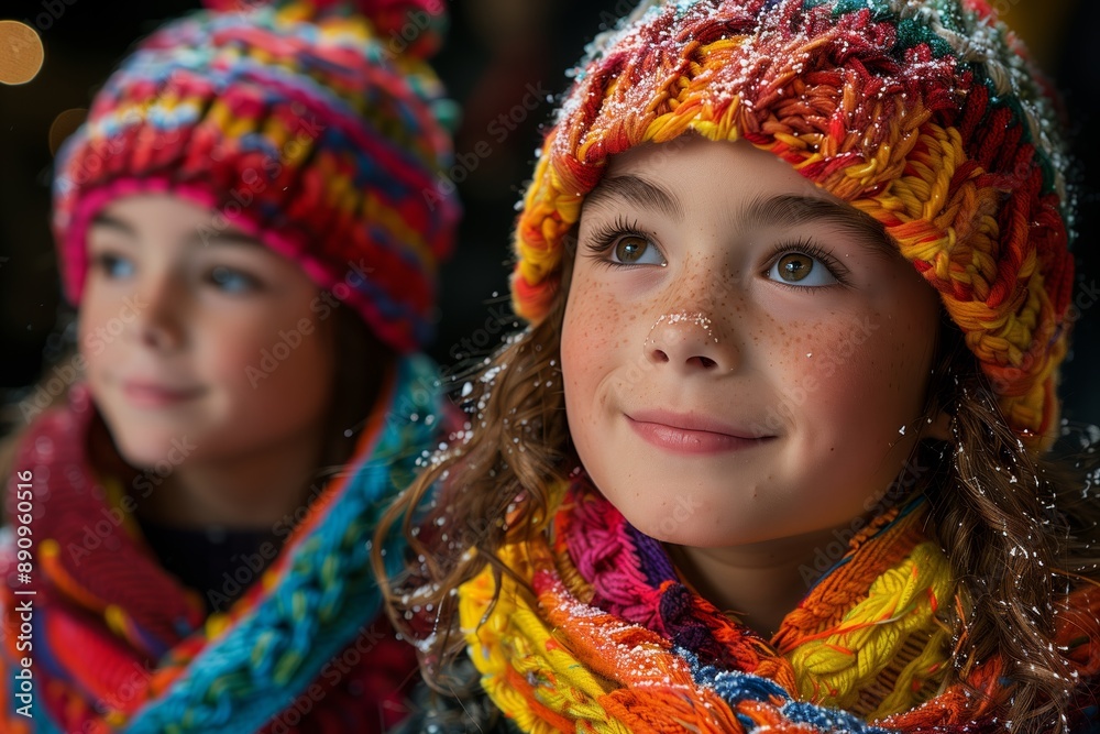 Two Girls Wearing Colorful Knit Hats and Scarves in Winter Two Girls Wearing Colorful Knit Hats and Scarves in Winter