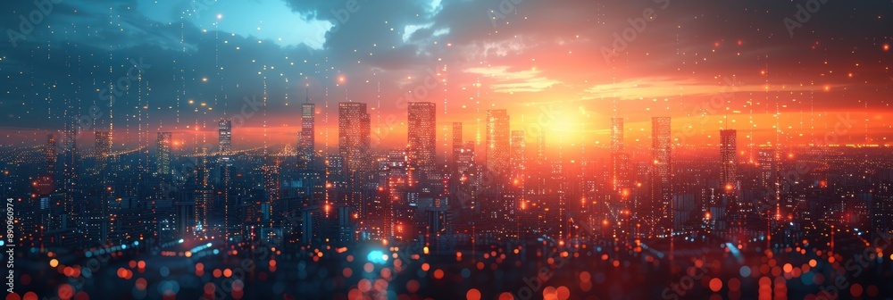 Futuristic Cityscape with Sunset and Digital Overlay Futuristic Cityscape with Sunset and Digital Overlay