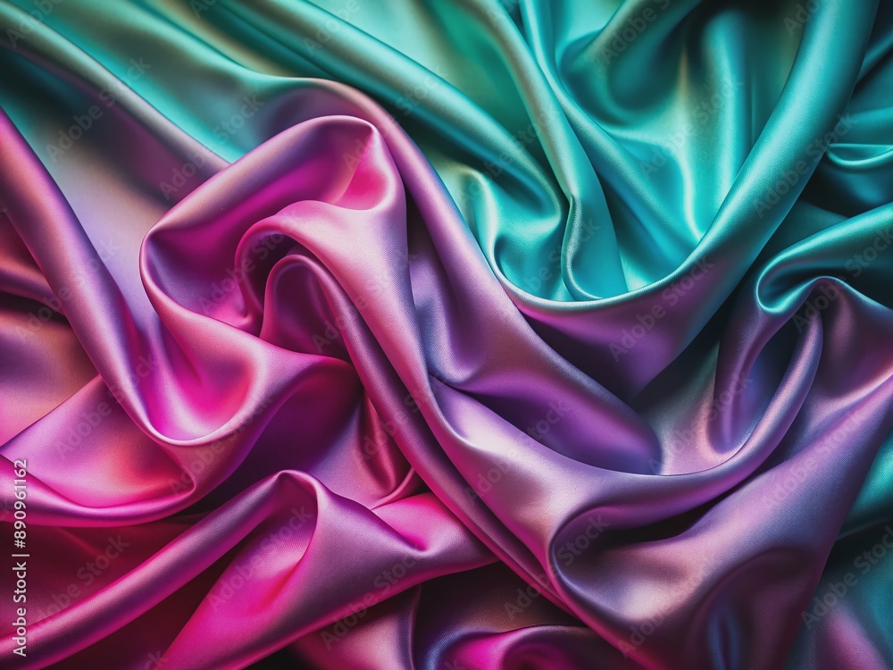 Fototapeta premium Luxurious pink tuquoise silk satin fabric with gradient effect and wavy folds, showcasing a shiny surface, against a stunning purple teal background with design space.