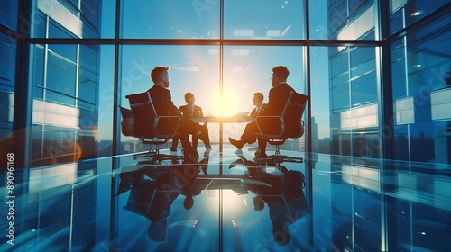 Silhouettes of businessmen in suits having a meeting in a modern office with a city skyline view.