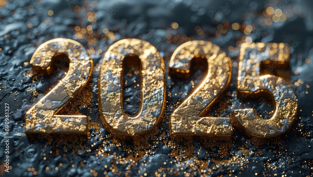 Golden 2025 on Black Glittery Surface Golden 2025 on Black Glittery Surface