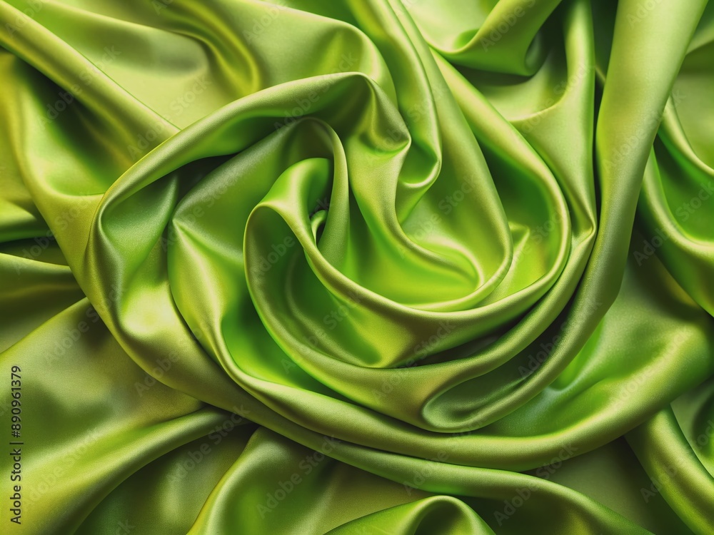 Vibrant lime green satin silk fabric with soft, wavy folds drapes elegantly over a bright, light-filled space, showcasing a smooth, shiny, and luxurious textile design element.