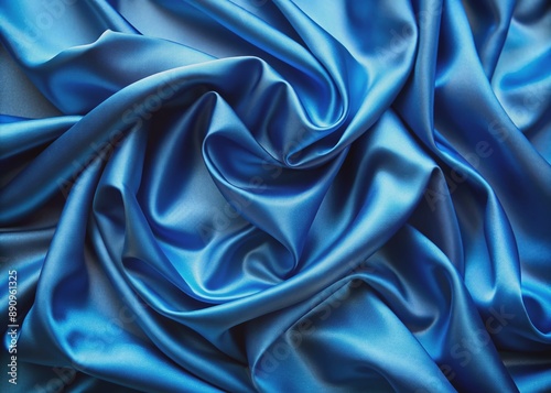 Luxurious blue silk satin fabric with soft, wavy folds creates a sophisticated background with ample copy space for web banners, advertising, and design projects.