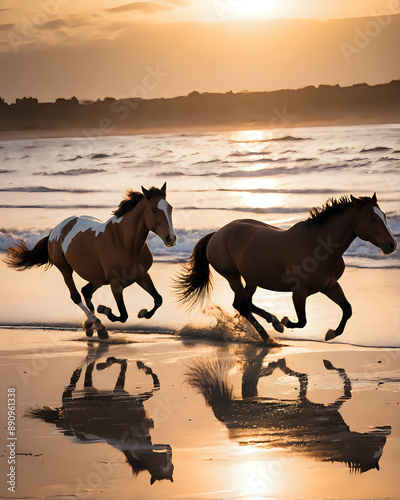 Horses running on the beach at sunset. 
