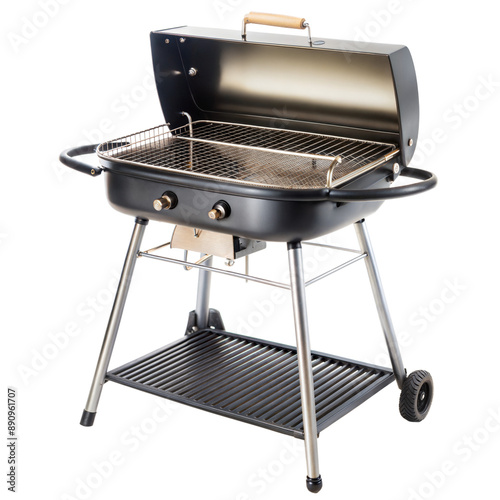A black charcoal grill with a chrome grate