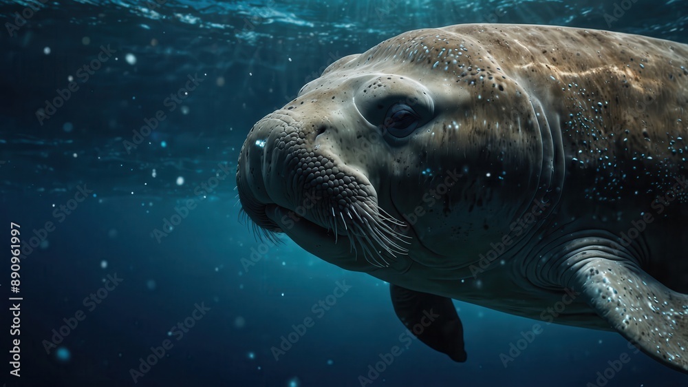 Obraz premium close-up of an Dugong, cinematic, deep sea background