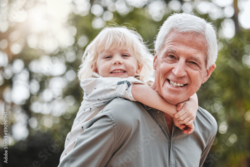 Bild auf Leinwand Portrait of grandpa with child for piggy back for bonding, relationship and relaxing together outdoors