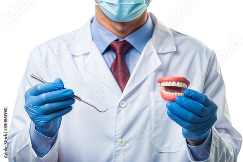 A dentist or dental professional wearing a white coat, blue gloves, and a face mask holds a dental tool in one hand and a set of dentures in the other.