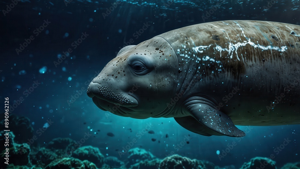 Fototapeta premium close-up of an Dugong, cinematic, deep sea background