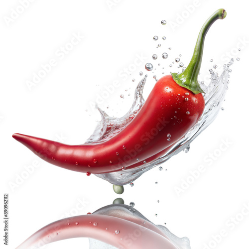 red chili pepper splashes into a clear glass dish with water droplets suspended in the air