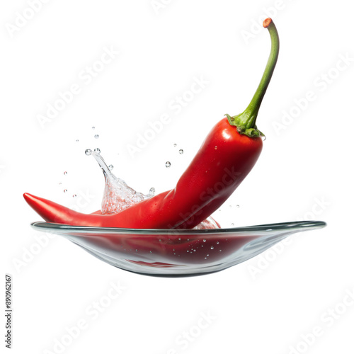 The bright color of the chili contrasts sharply with the transparent dish and water, emphasizing freshness, spice, and energy.