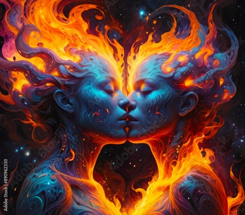 Illustration of Two Cosmic Fire Beings Sharing a Kiss