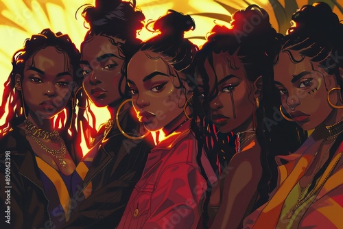 Portrait of a group of young black women together, demonstrating strength and unity. Digital illustration or artwork. 