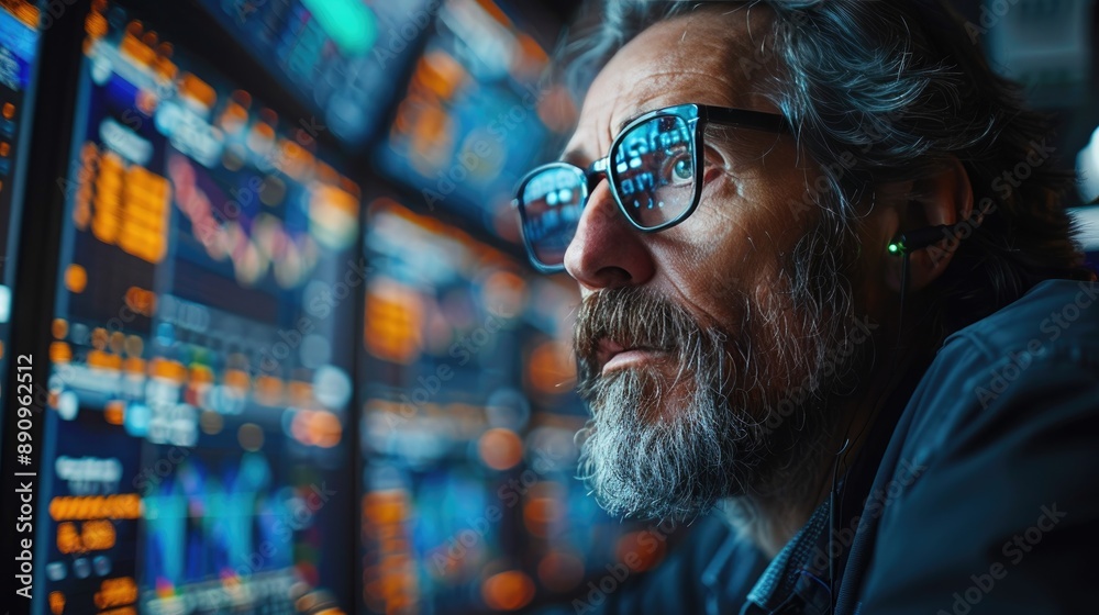 A focused stock trader analyzing market data on multiple screens in a futuristic trading room environment. A focused stock trader analyzing market data on multiple screens in a futuristic trading room environment.