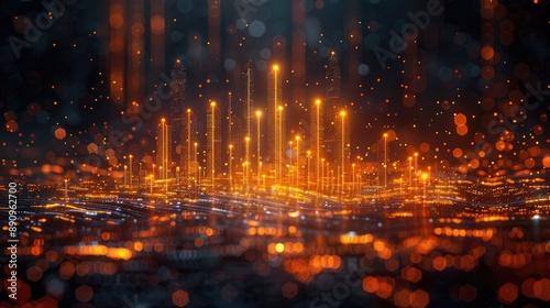 Abstract futuristic orange and black bokeh light background with glowing particles evoking a high-tech, digital, and dynamic atmosphere.