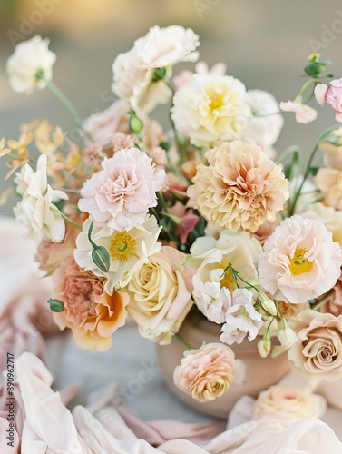 A beautiful arrangement of fall flowers in an organic ceramic vessel, including ranunculus, carnations, poppies, roses, mini roses and dahlias, the color palette is soft pastel pink, peachy pink, mauv photo