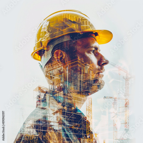 young woman in a yellow construction helmet against the background of construction workshop