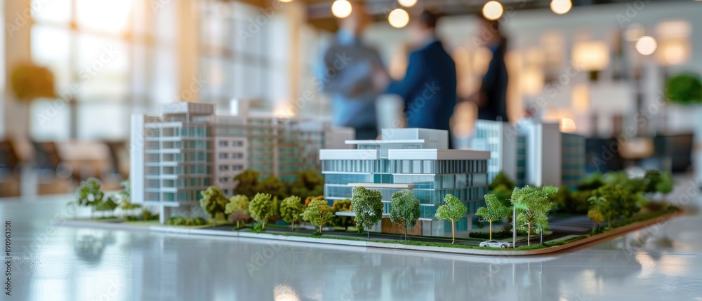 real estate developers, architects and businessmen team working on new business buildings project in office. complex scale model on the table