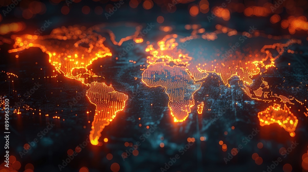 Illuminated world map concept showing global connections and network, ideal for technology, communication, and futuristic themes. Illuminated world map concept showing global connections and network, ideal for technology, communication, and futuristic themes.