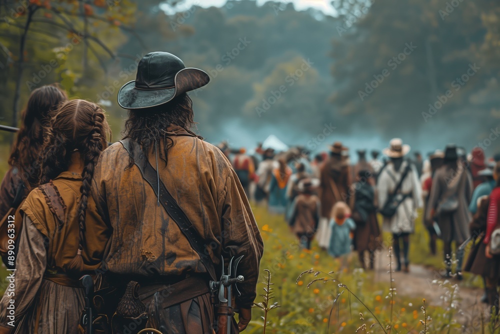 Two People Dressed In Colonial Era Clothing Watching A Crowd In A Forest