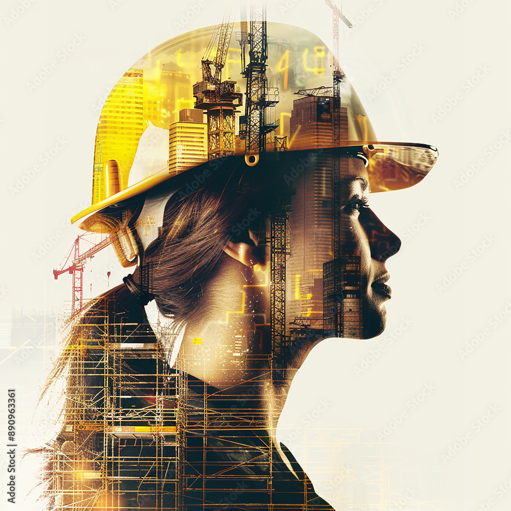 young woman in a yellow construction helmet against the background of construction workshop