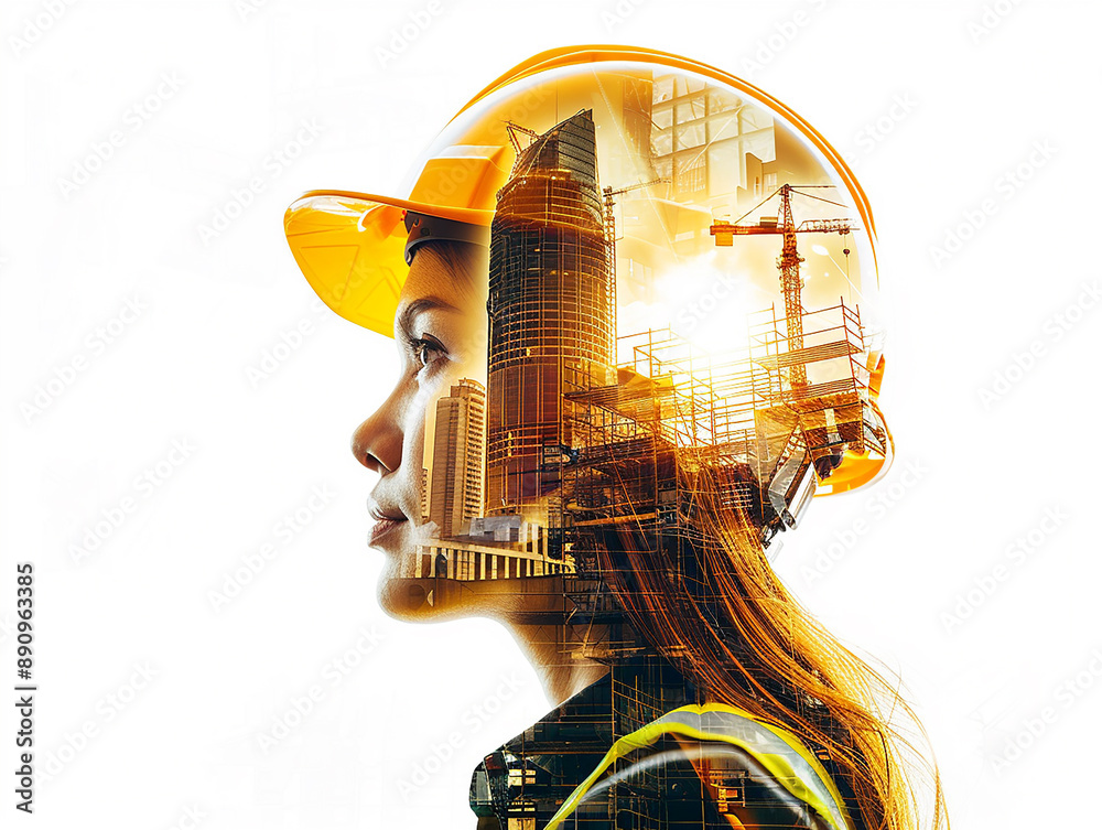 young woman in a yellow construction helmet against the background of construction workshop young woman in a yellow construction helmet against the background of construction workshop