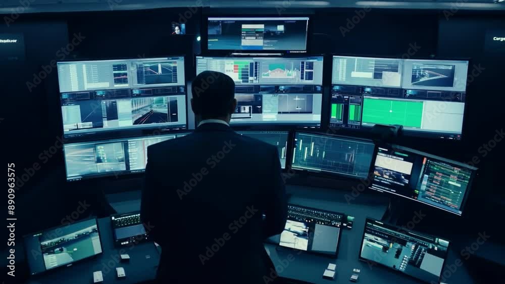 A group of security data center operators are observing several monitors in a CCTV monitoring room.