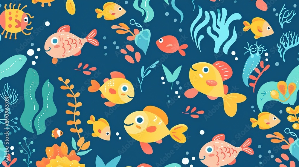 Seamless Pattern of Underwater Scene with Cute Cartoon Fish and Seaweed Seamless Pattern of Underwater Scene with Cute Cartoon Fish and Seaweed
