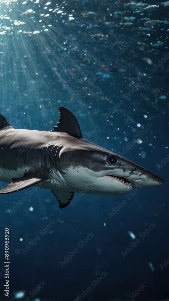 Fototapeta premium close-up of Great White Shark, cinematic, deep sea background