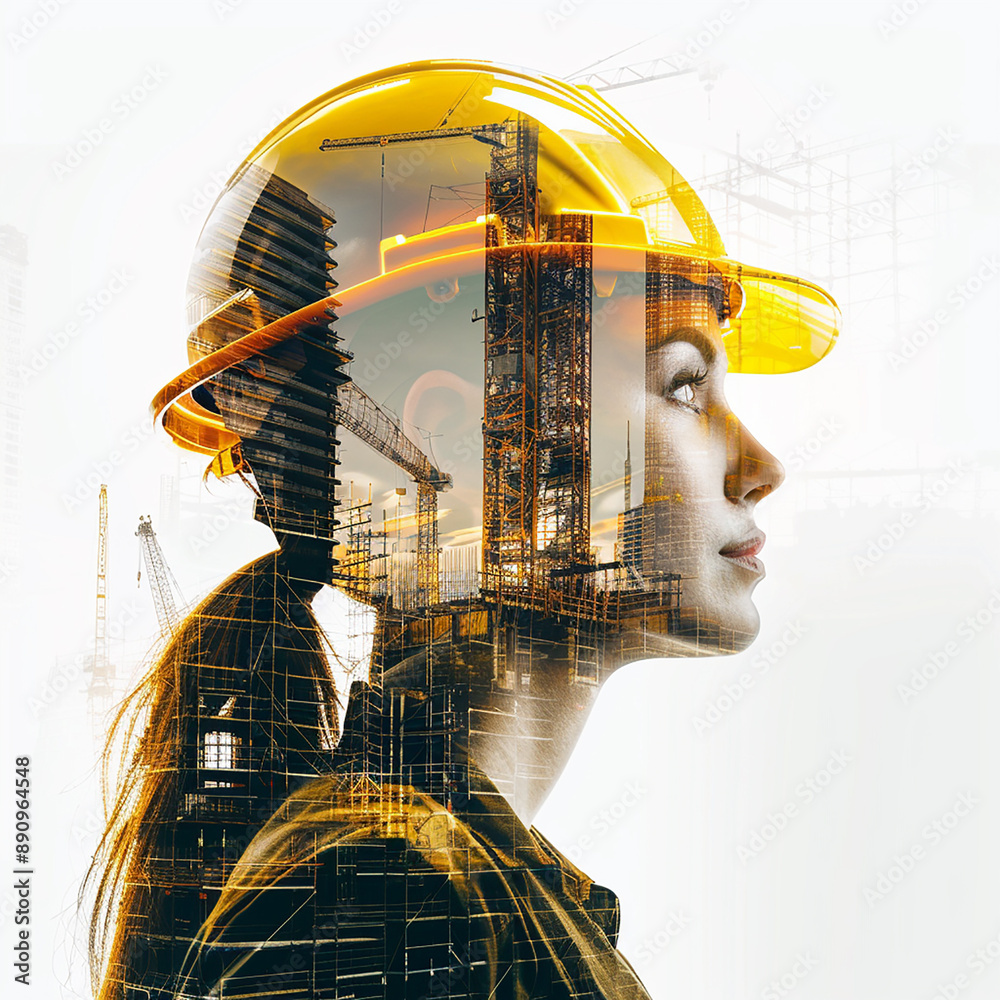 young woman in a yellow construction helmet against the background of construction workshop young woman in a yellow construction helmet against the background of construction workshop