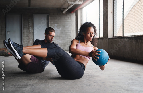 Fototapeta Naklejka Na Ścianę i Meble -  Exercise, couple and fitness with medicine ball outdoor for workout, balance training and core strength of performance. Active, people and muscle challenge, strong biceps and support for gym results