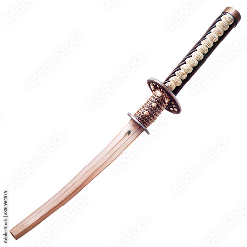 A Japanese sword with an ornate white and brown