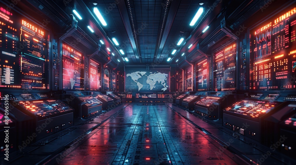 Futuristic control room with digital screens and glowing interfaces, displaying advanced technology and global data visualization. Futuristic control room with digital screens and glowing interfaces, displaying advanced technology and global data visualization.