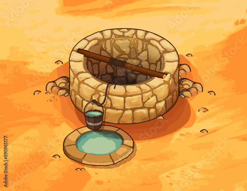 Arabia Desert, sand and rocks, Water Well Desert Stock Illustrations. Isometric vector 