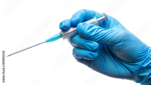 A gloved hand holds a syringe
