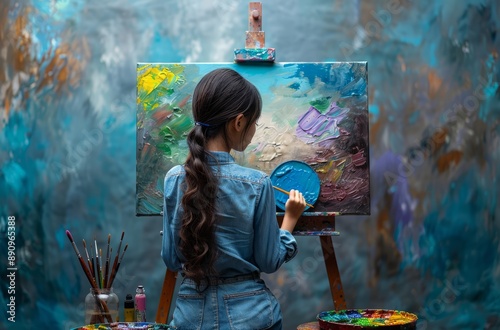 An Asian girl is painting with acrylic paint on an easel. The background of her desk is a variety of art supplies such as brushes, palette knives, watercolor palettes and other items.