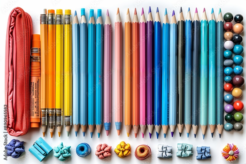 Obraz premium Colorful Pencils and Accessories Arranged on a White Background